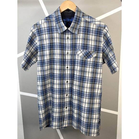 Kuhl Stallion Button Up Short Sleeve Shirt Men’s M Blue White Plaid Seersucker - Picture 1 of 16